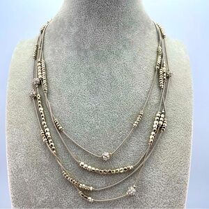 Chico’s Long Silver Tone Beaded Necklace with Crystal Accents 45” Long